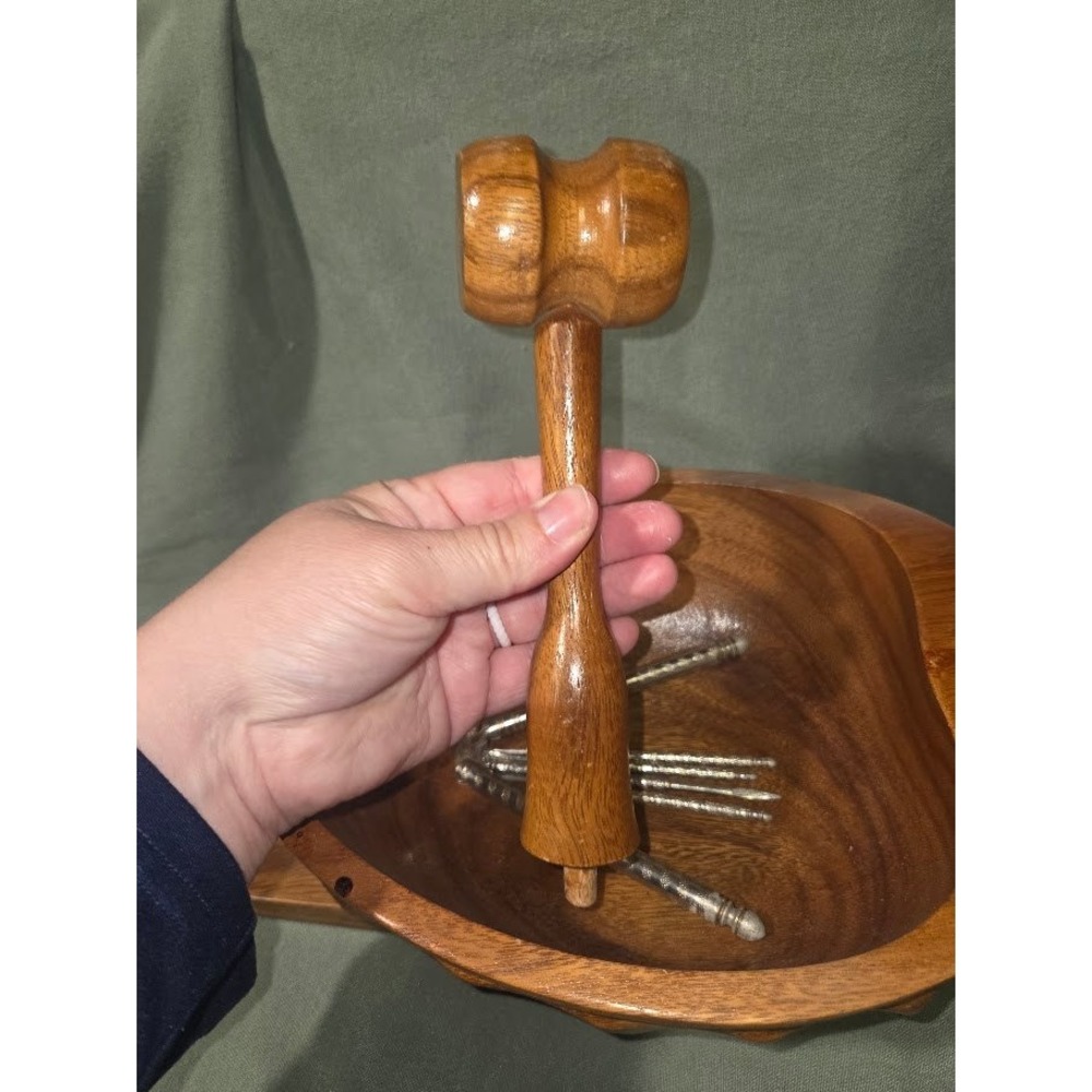 Vintage Hand Carved Wooden Walnut Shaped Nut Bowl with Mallet and Picks - Picture 7 of 9